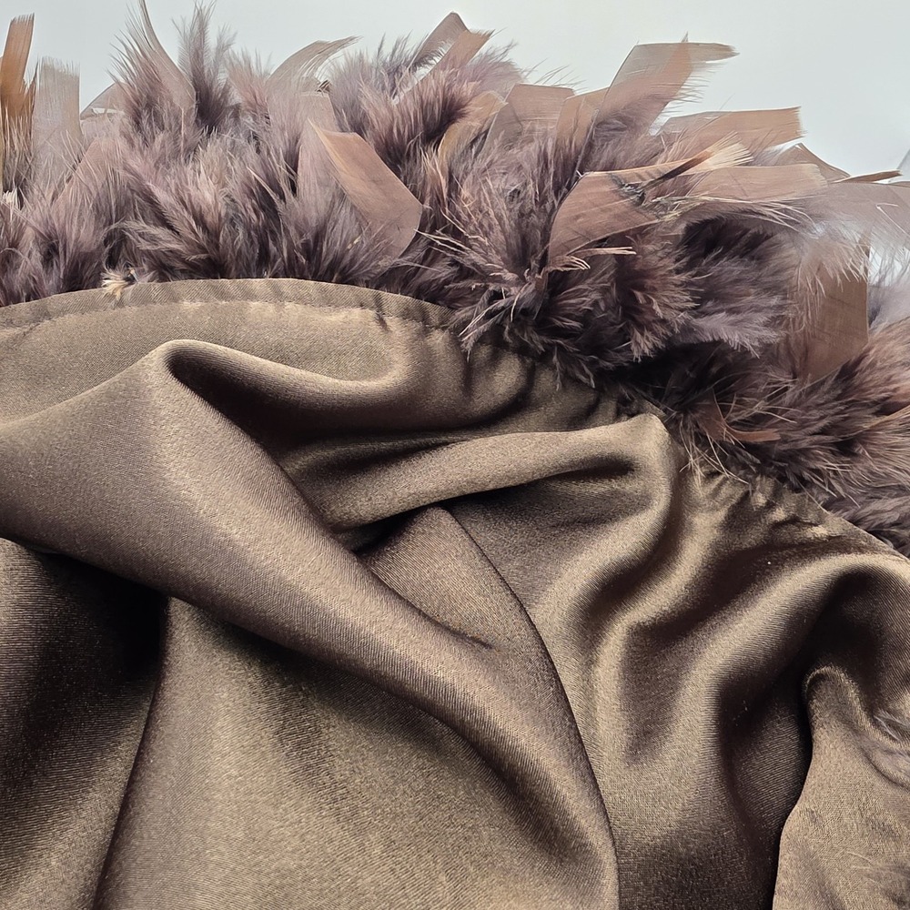 THRO Throw Blanket Boudoir Feather Fringe Edge Trim Satin Style Dark Brown Glam